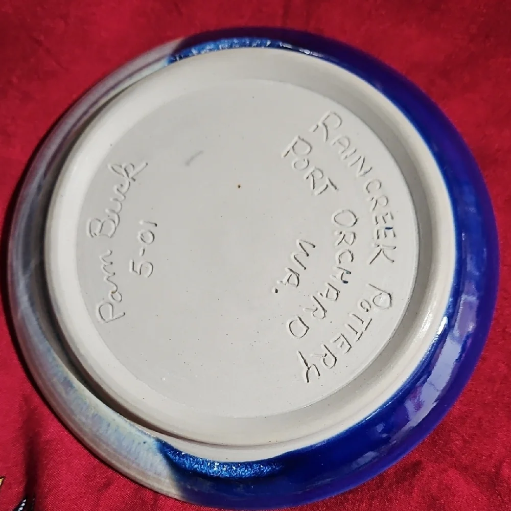 Handmade/Signed Ceramic Berry Bowl & Underplate w/Vibrant Blue Speckled Glaze